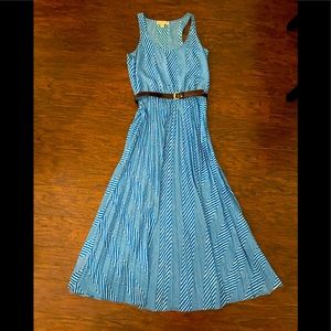 Michael Kors Turquoise Blue White Belted Maxi Spring M Chevron Flare dress